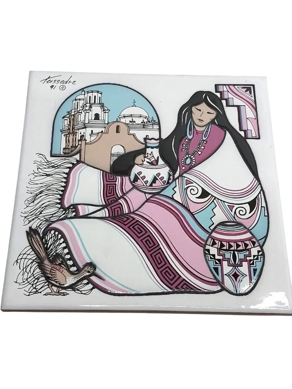 Vintage Teissedre Designs Southwestern Native American Ceramic Tile 6x6 Trivet